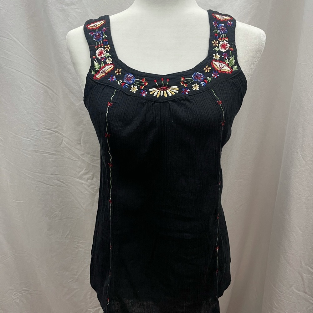 Embroidered black gauze tank top